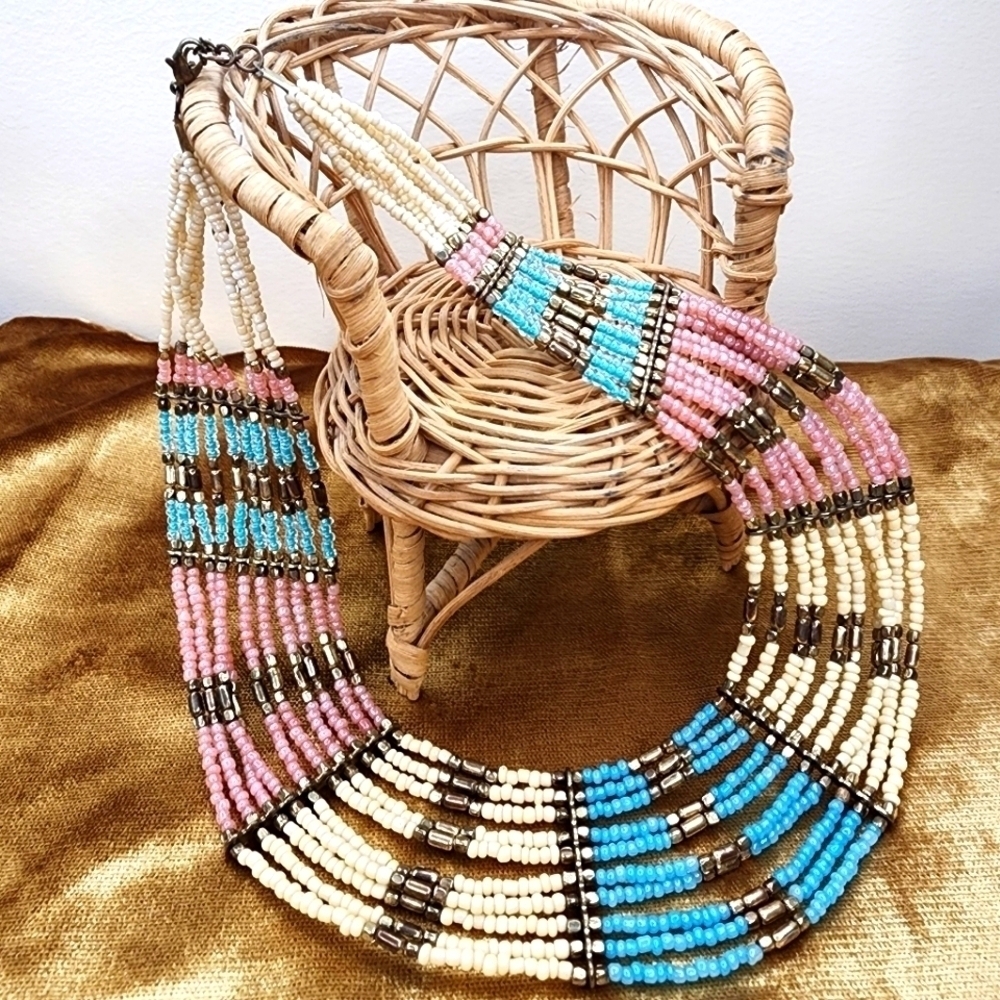 Vintage Beaded Statement Necklace Bib Pink Blue Cream &  Brass Tone Tribal